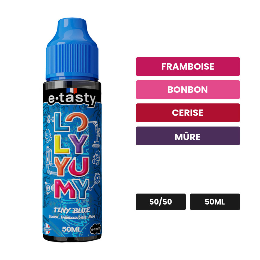 E-liquide Tiny Blue d'E.Tasty, 50 ml, saveurs framboise, bonbon, cerise et 2 autres.