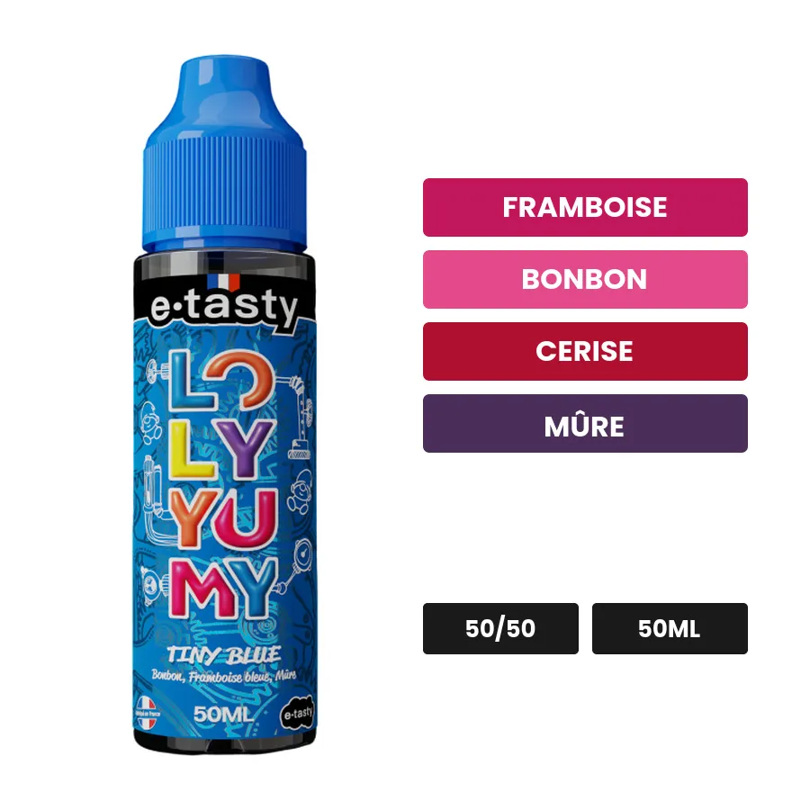 E-liquide Tiny Blue d'E.Tasty, 50 ml, saveurs framboise, bonbon, cerise et 2 autres.