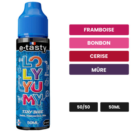 E-liquide Tiny Blue d'E.Tasty, 50 ml, saveurs framboise, bonbon, cerise et 2 autres.