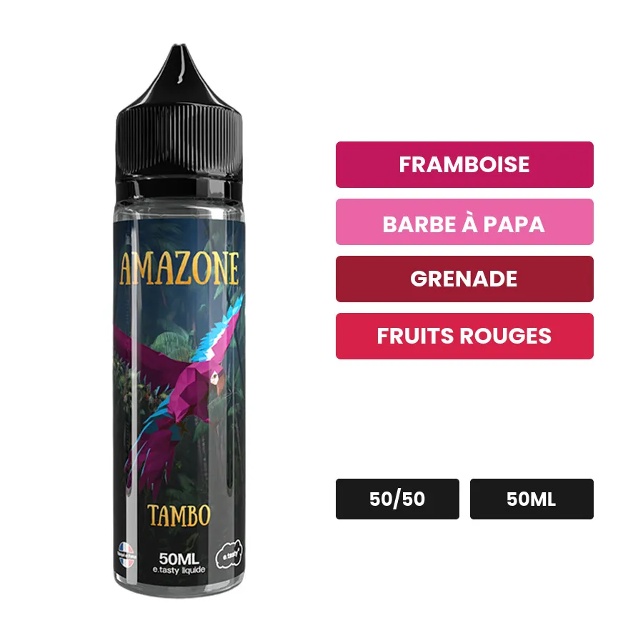 E-liquide Tambo d'E.Tasty, 50 ml, saveurs framboise, barbe à papa, grenade et 2 autres.