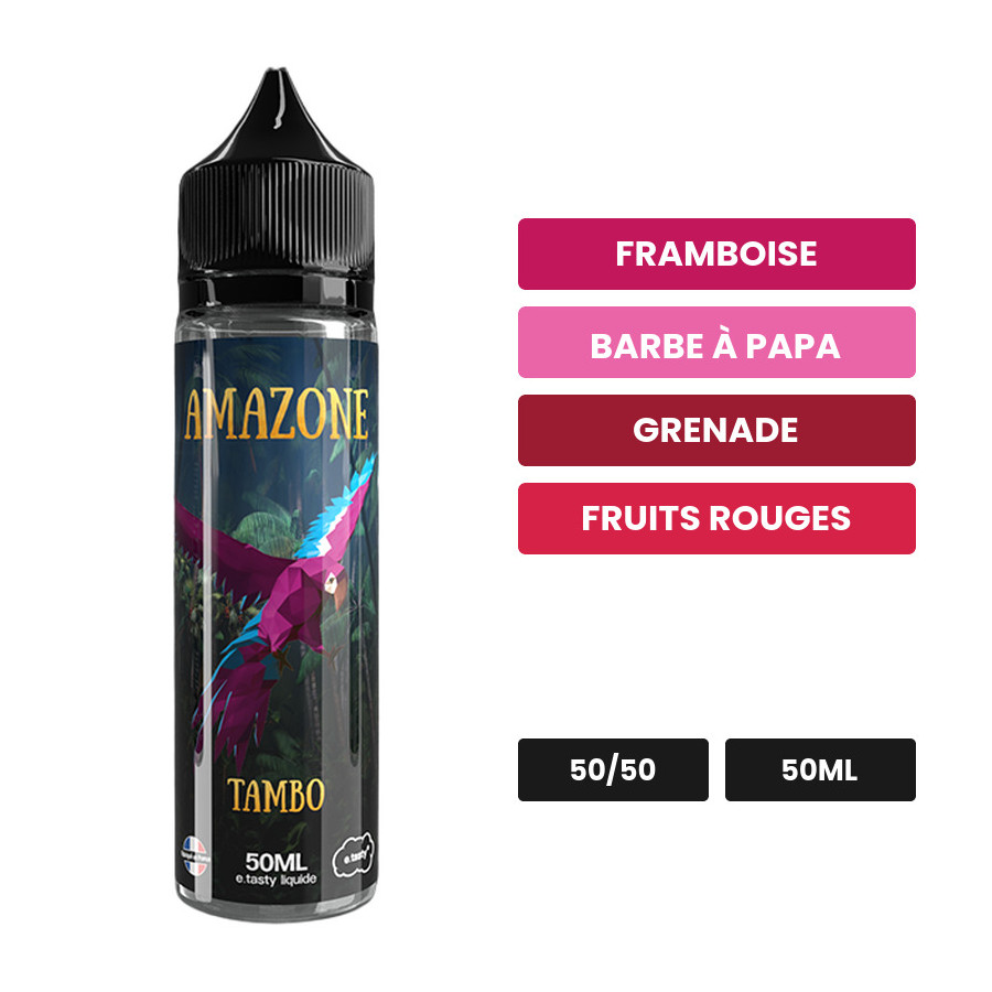 E-liquide Tambo d'E.Tasty, 50 ml, saveurs framboise, barbe à papa, grenade et 2 autres.