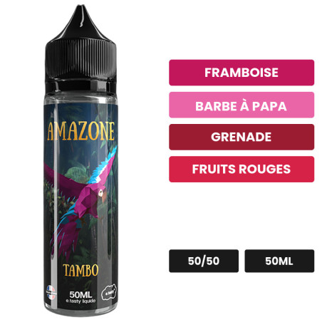 E-liquide Tambo d'E.Tasty, 50 ml, saveurs framboise, barbe à papa, grenade et 2 autres.