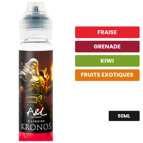 E-liquide Kronos d'A&l, 50 ml, saveurs fraise, grenade, kiwi et 2 autres.