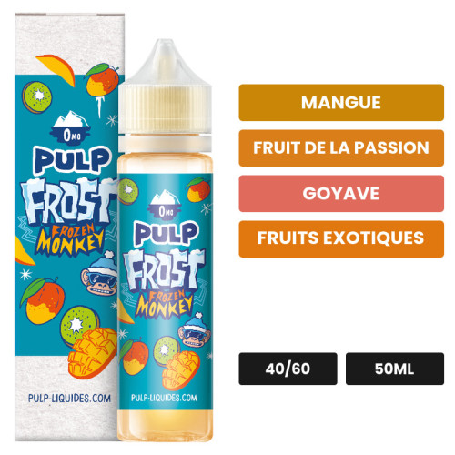 E-liquide Frozen Monkey de Pulp, 50 ml, saveurs mangue, fruit de la passion, goyave et 2 autres.
