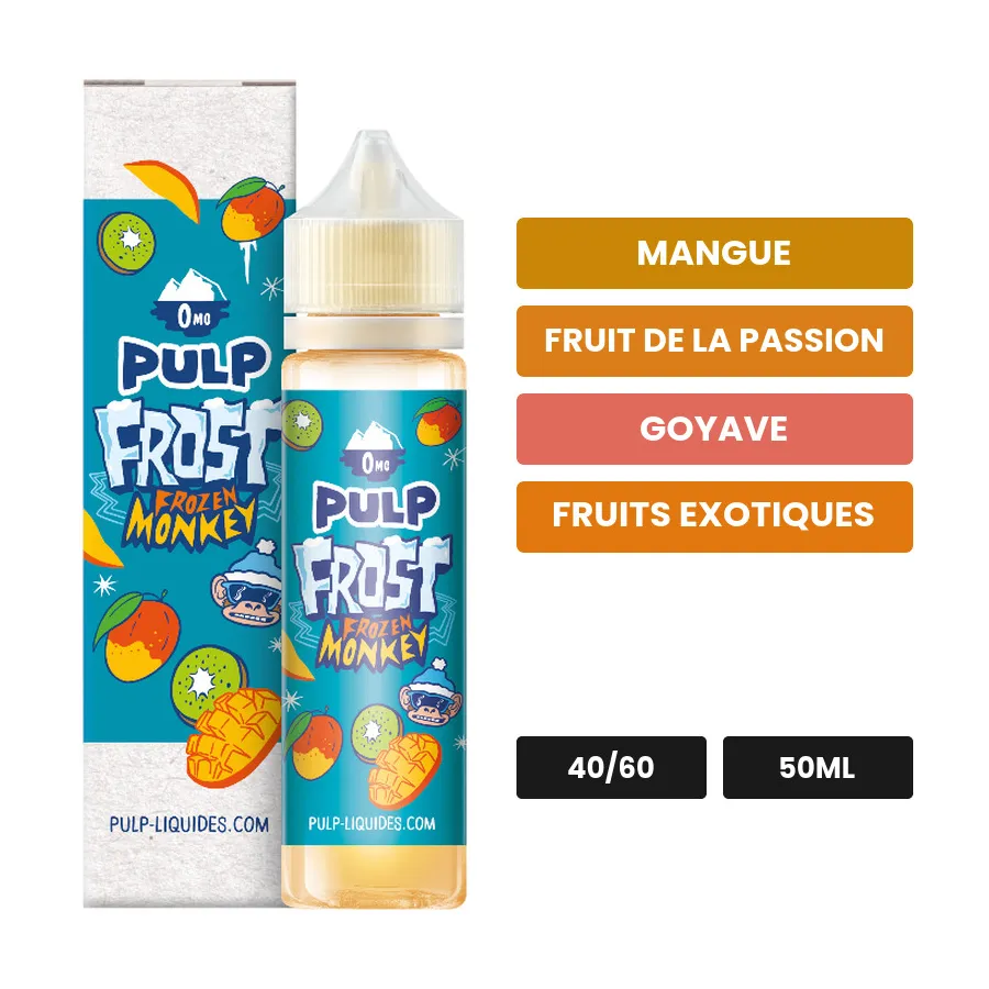 E-liquide Frozen Monkey de Pulp, 50 ml, saveurs mangue, fruit de la passion, goyave et 2 autres.