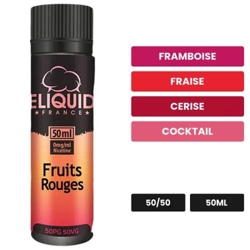 E-liquide Fruits Rouges d'Eliquid France, 50 ml, saveurs framboise, fraise, cerise et 3 autres.