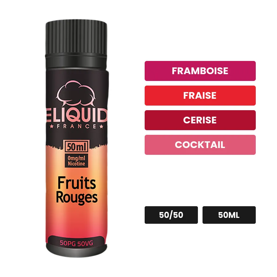 E-liquide Fruits Rouges d'Eliquid France, 50 ml, saveurs framboise, fraise, cerise et 3 autres.