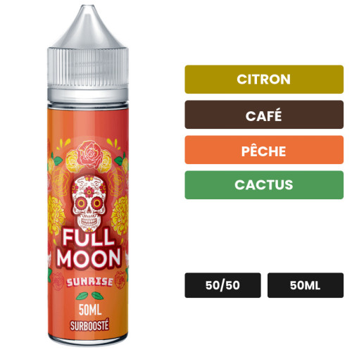 E-liquide Sunrise de Full Moon, 50 ml, saveurs citron, café, pêche et 5 autres.