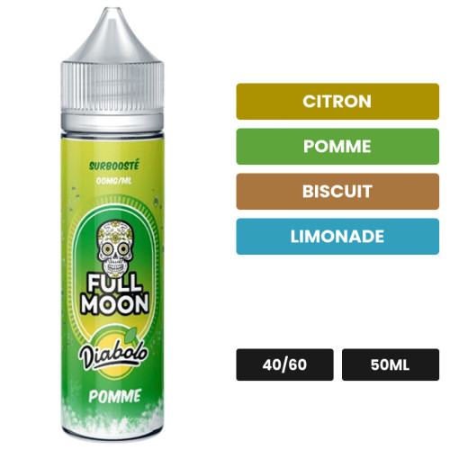 E-liquide Diabolo Pomme de Full Moon, 50 ml, saveurs citron, pomme, biscuit et 3 autres.