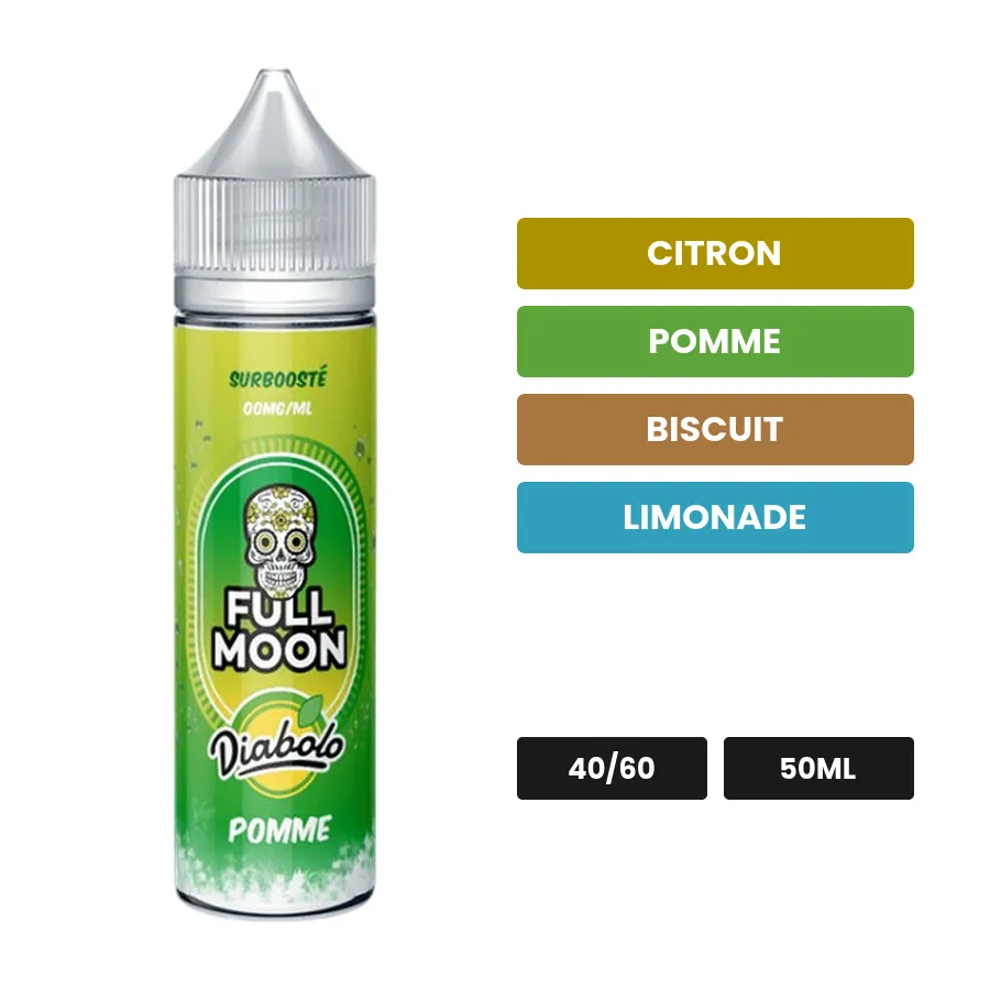 E-liquide Diabolo Pomme de Full Moon, 50 ml, saveurs citron, pomme, biscuit et 3 autres.