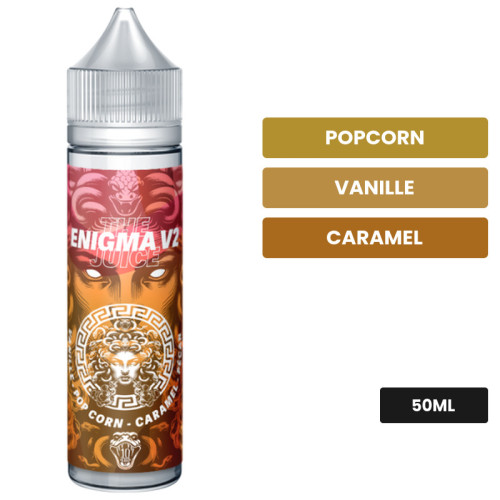 E-liquide Enigma V2 de The MDS Juice, 50 ml, saveurs popcorn, vanille et caramel.