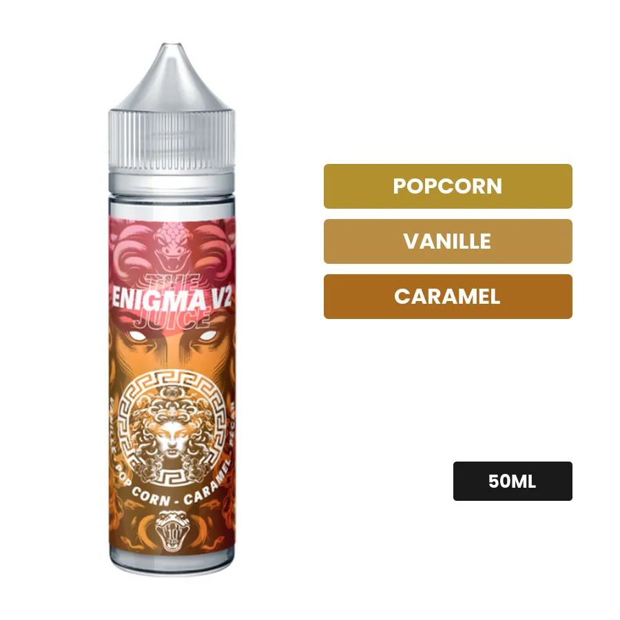 E-liquide Enigma V2 de The MDS Juice, 50 ml, saveurs popcorn, vanille et caramel.