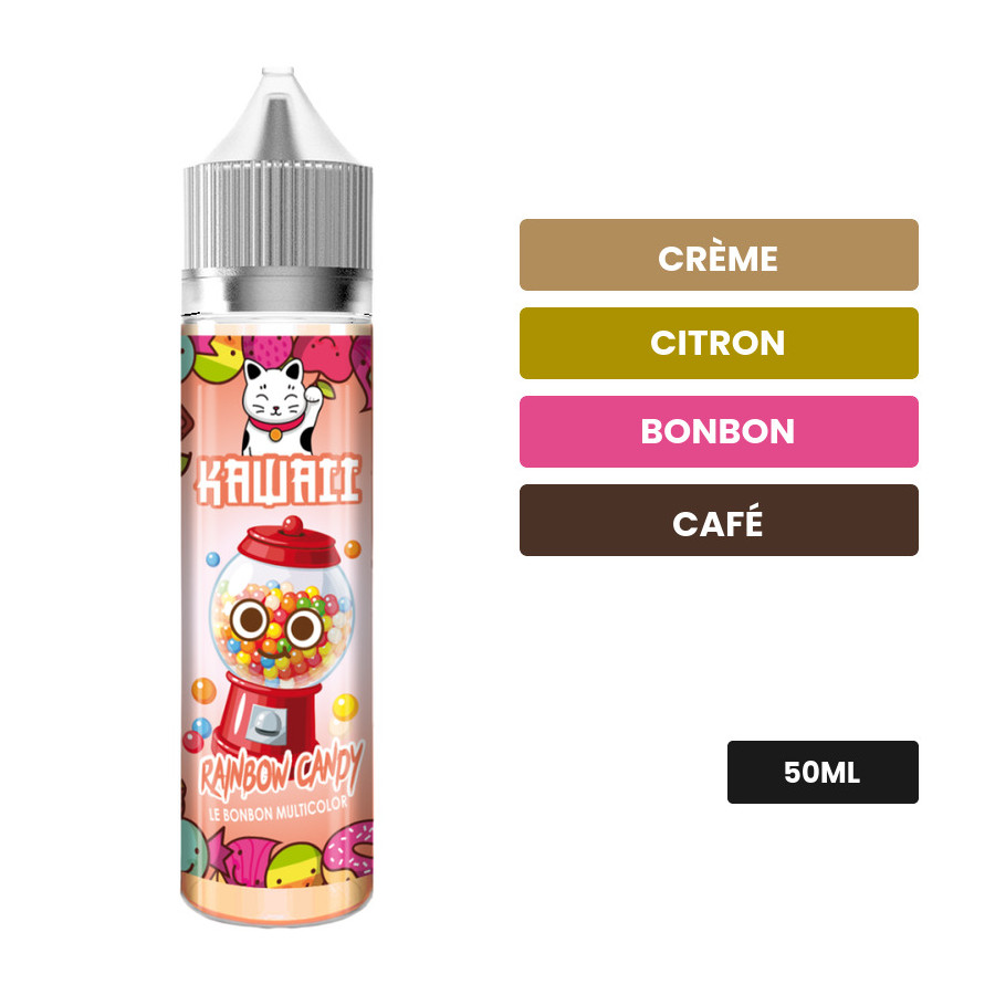 E-liquide Rainbow Candy de Kawaii, 50 ml, saveurs crème, citron, bonbon et 5 autres.
