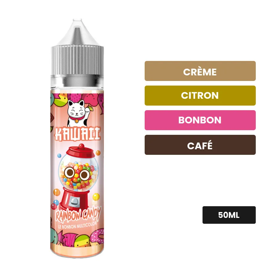 E-liquide Rainbow Candy de Kawaii, 50 ml, saveurs crème, citron, bonbon et 5 autres.