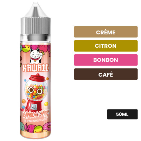 E-liquide Rainbow Candy de Kawaii, 50 ml, saveurs crème, citron, bonbon et 5 autres.