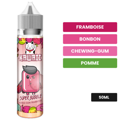 E-liquide Super Bubble de Kawaii, 50 ml, saveurs framboise, bonbon, chewing-gum et 1 autre.