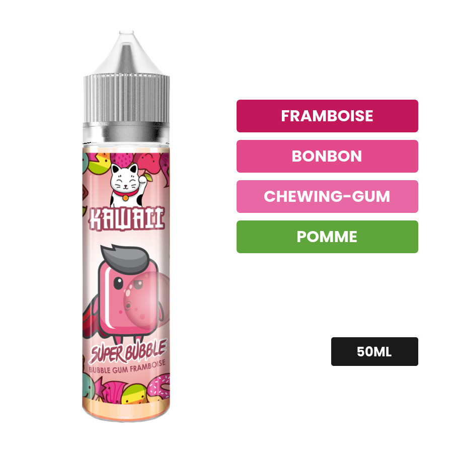 E-liquide Super Bubble de Kawaii, 50 ml, saveurs framboise, bonbon, chewing-gum et 1 autre.