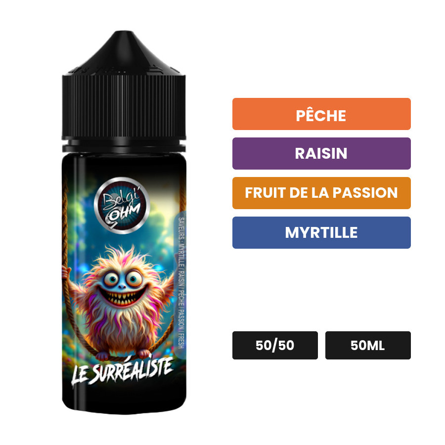 E-liquide Le Surréaliste de Belgi'ohm, 50 ml, saveurs pêche, raisin, fruit de la passion et 4 autres.