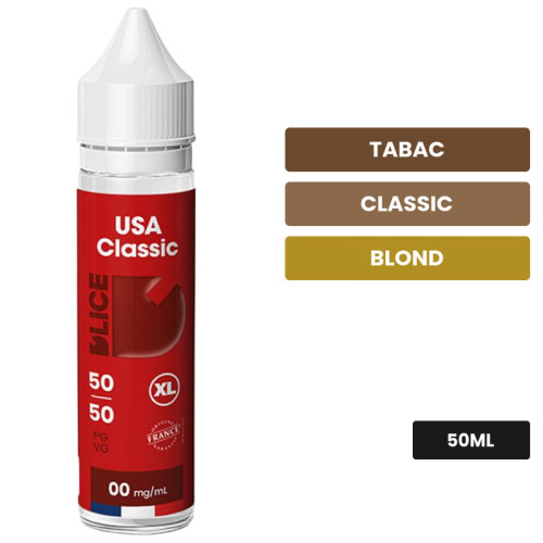 E-liquide Usa Classic de D'Lice, 50 ml, saveurs tabac, classic et blond.