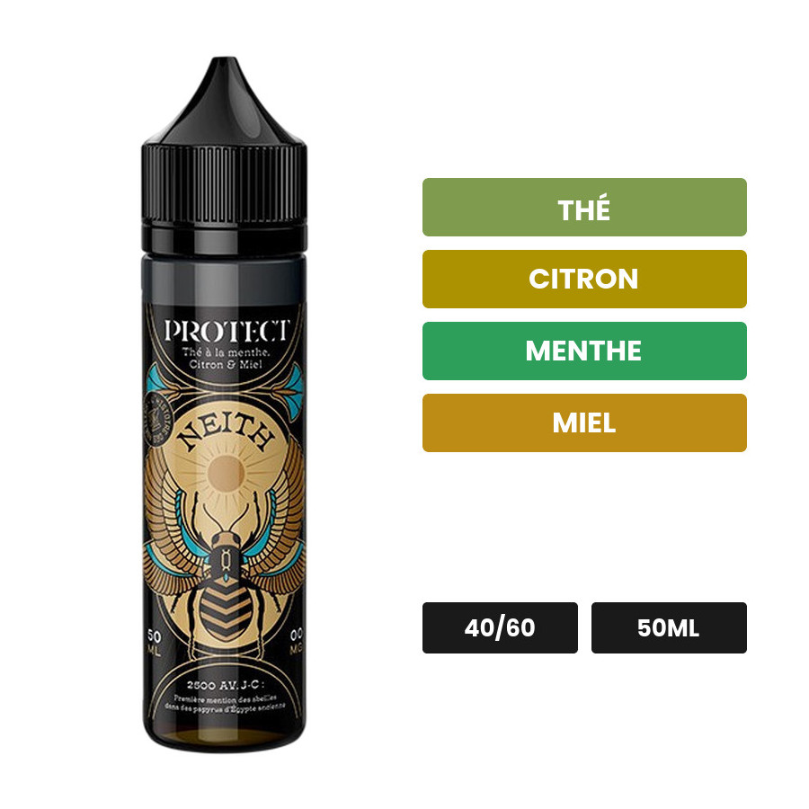 E-liquide Neith de Protect, 50 ml, saveurs thé, citron, menthe et 2 autres.
