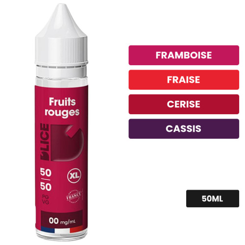E-liquide Fruits Rouges de D'Lice, 50 ml, saveurs framboise, fraise, cerise et 4 autres.