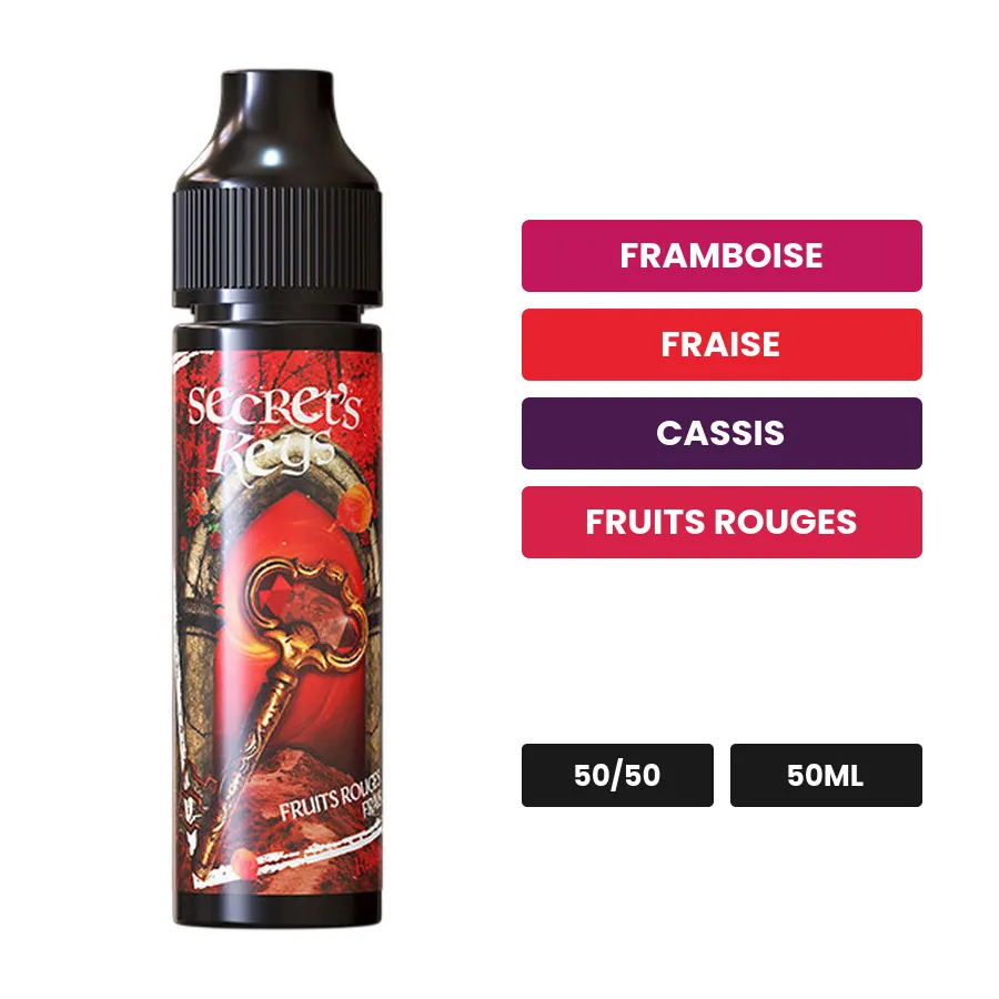 E-liquide Red Key de Secret's Lab, 50 ml, saveurs framboise, fraise, cassis et 2 autres.