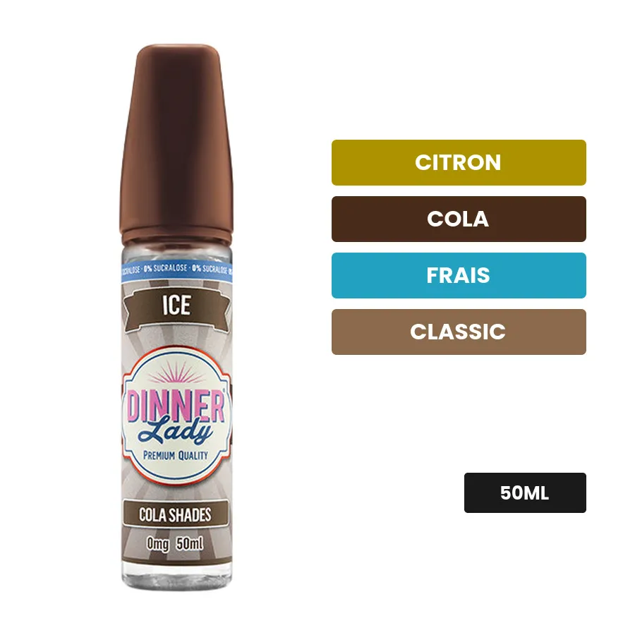 E-liquide Cola Shades 0% Sucralose de Dinner Lady, 50 ml, saveurs citron, cola, frais et 1 autre.