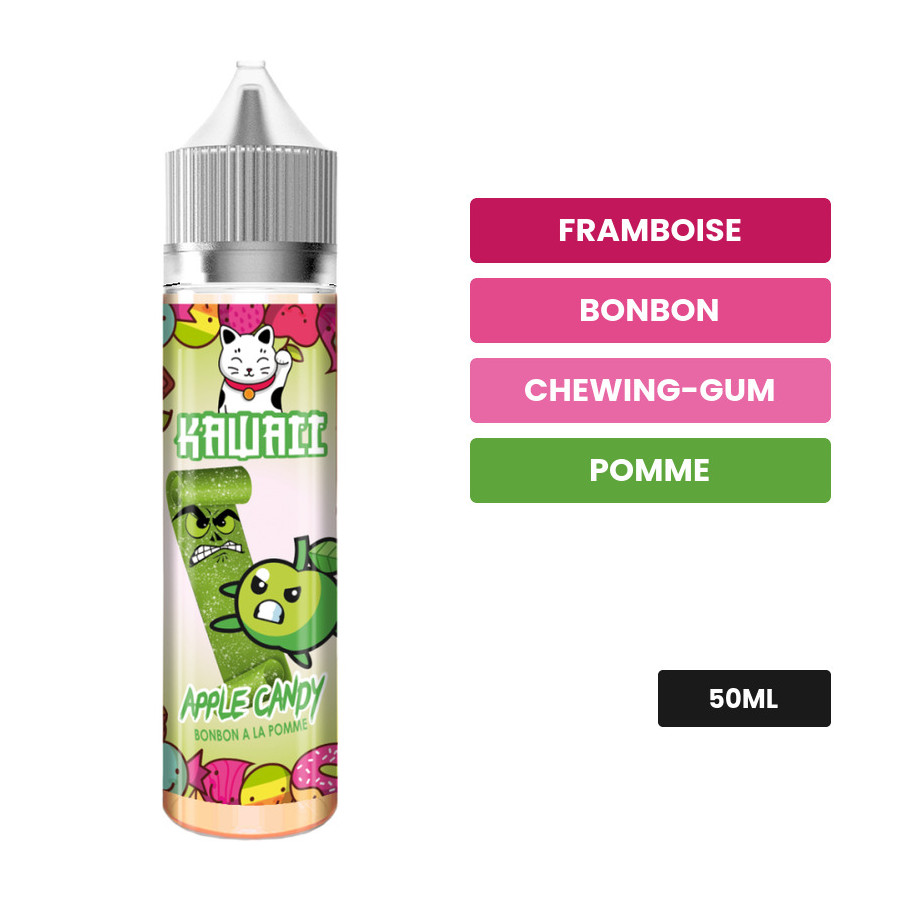 E-liquide Apple Candy de Kawaii, 50 ml, saveurs framboise, bonbon, chewing-gum et 1 autre.