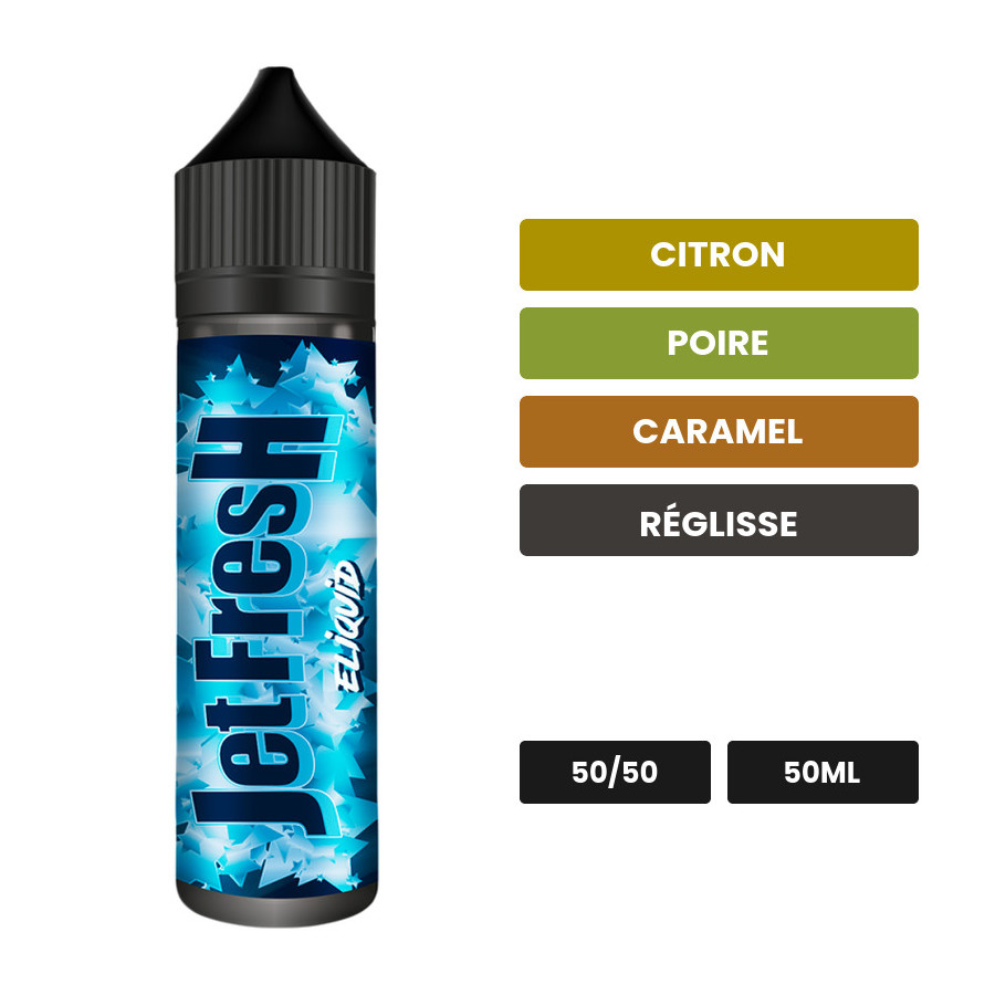 E-liquide Jet Fresh d'Eliquid France, 50 ml, saveurs citron, poire, caramel et 4 autres.