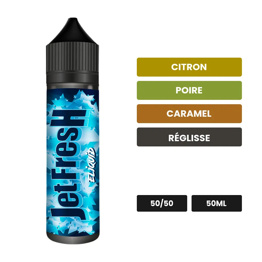 E-liquide Jet Fresh d'Eliquid France, 50 ml, saveurs citron, poire, caramel et 4 autres.