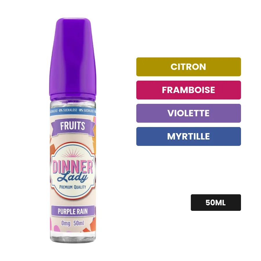 E-liquide Purple Rain, 50 ml, saveurs citron, framboise, violette et 1 autre.