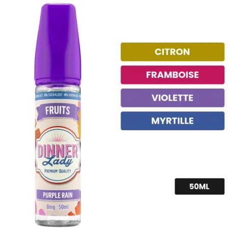 E-liquide Purple Rain, 50 ml, saveurs citron, framboise, violette et 1 autre.