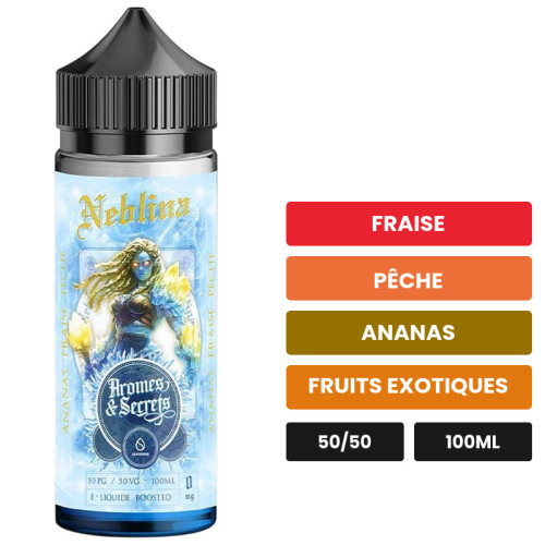 E-liquide Neblina, 100 ml, saveurs fraise, pêche, ananas et 2 autres.