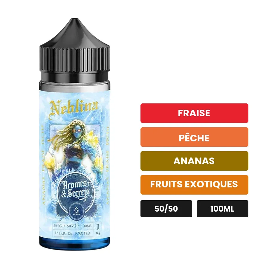 E-liquide Neblina, 100 ml, saveurs fraise, pêche, ananas et 2 autres.