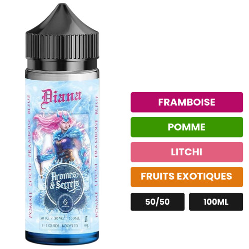 E-liquide Diana, 100 ml, saveurs framboise, pomme, litchi et 2 autres.