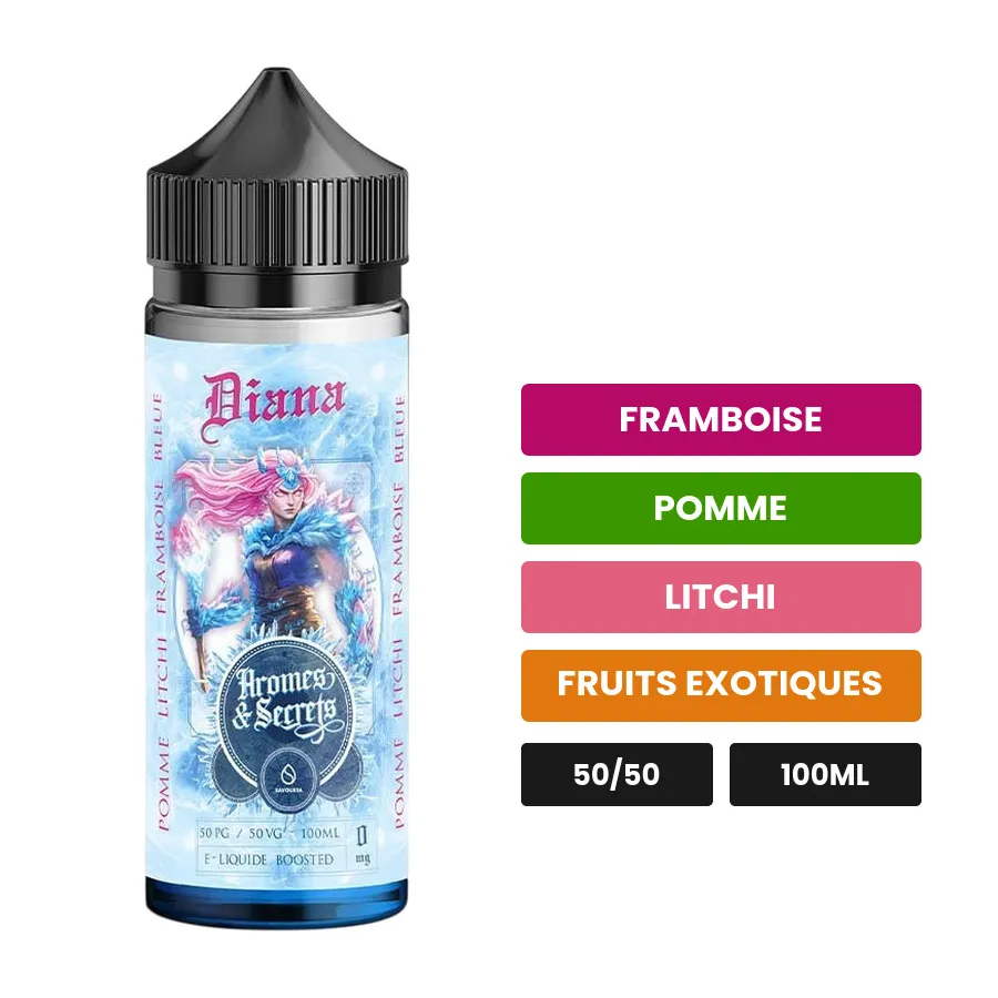 E-liquide Diana, 100 ml, saveurs framboise, pomme, litchi et 2 autres.
