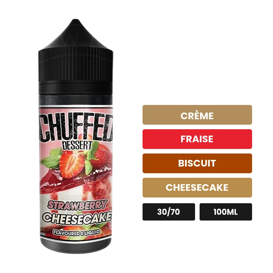 E-liquide Strawberry Cheesecake Dessert de Chuffed, 100 ml, saveurs crème, fraise, biscuit et 2 autres.