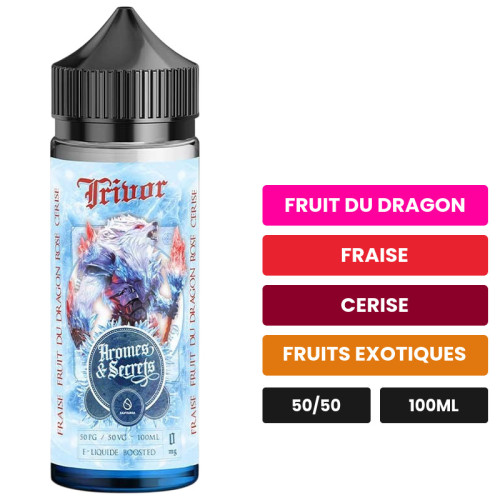 E-liquide Trivor, 100 ml, saveurs fruit du dragon, fraise, cerise et 2 autres.