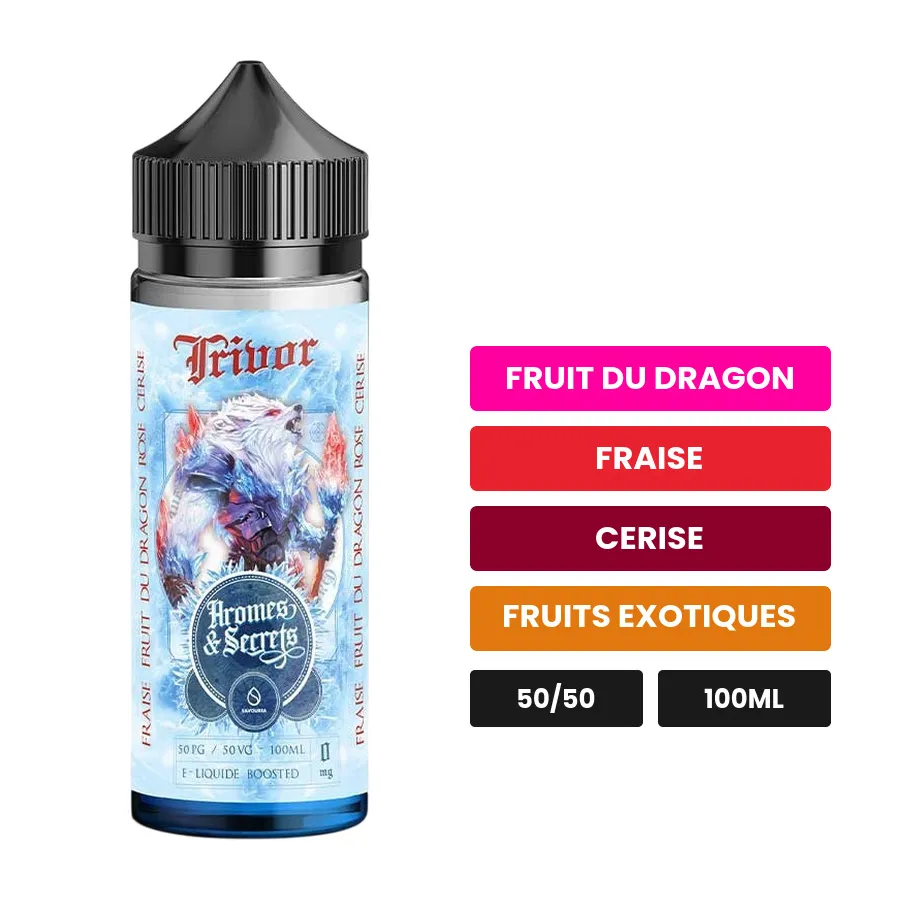 E-liquide Trivor, 100 ml, saveurs fruit du dragon, fraise, cerise et 2 autres.