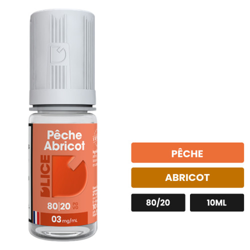 E-liquide Pêche Abricot Dlice de D'Lice, 10 ml, saveurs pêche et abricot.