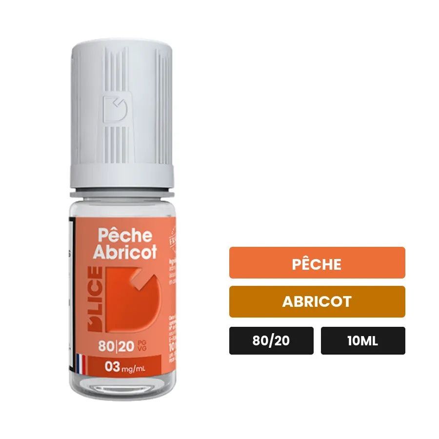 E-liquide Pêche Abricot Dlice de D'Lice, 10 ml, saveurs pêche et abricot.