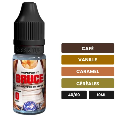 E-liquide Bruce Vape Party de Swoke, 10 ml, saveurs café, vanille, caramel et 2 autres.
