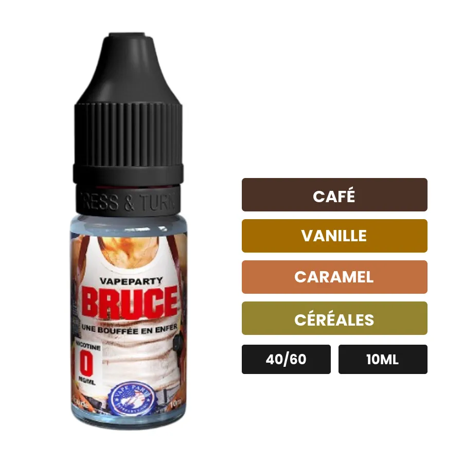E-liquide Bruce Vape Party de Swoke, 10 ml, saveurs café, vanille, caramel et 2 autres.