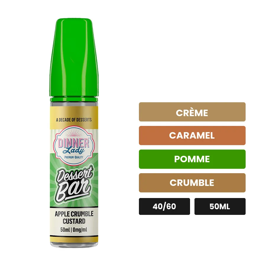 E-liquide Apple Crumble Custard Dinner Lady de Dessert Bar, 50 ml, saveurs crème, caramel, pomme et 2 autres.