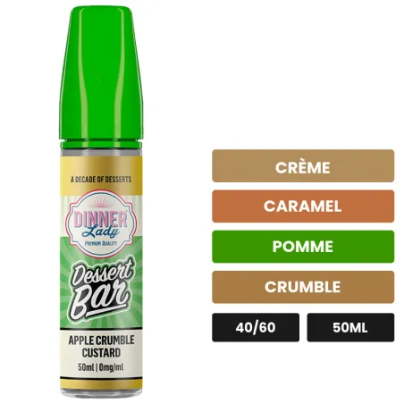 E-liquide Apple Crumble Custard Dinner Lady de Dessert Bar, 50 ml, saveurs crème, caramel, pomme et 2 autres.