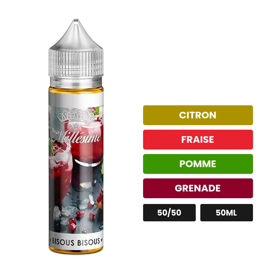 E-liquide Bisous Bisous Millésime d'Original, 50 ml, saveurs citron, fraise, pomme et 2 autres.