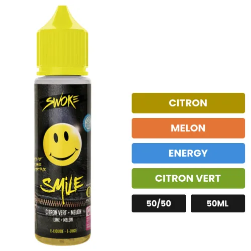 E-liquide Smile V2 de Swoke, 50 ml, saveurs citron, melon, energy et 1 autre.