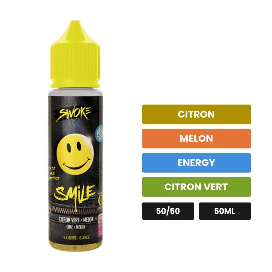 E-liquide Smile V2 de Swoke, 50 ml, saveurs citron, melon, energy et 1 autre.