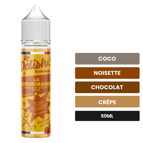 E-liquide Le Gourmand Delish de Liquideo, 50 ml, saveurs coco, noisette, chocolat et 1 autre.
