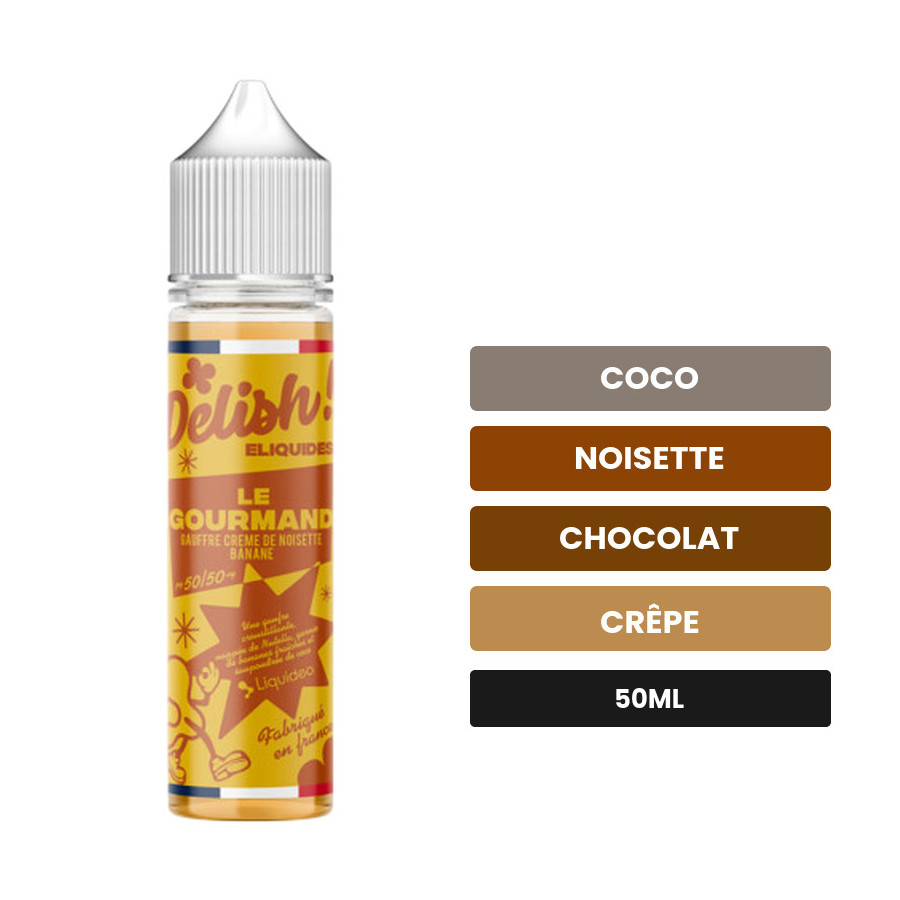 E-liquide Le Gourmand Delish de Liquideo, 50 ml, saveurs coco, noisette, chocolat et 1 autre.